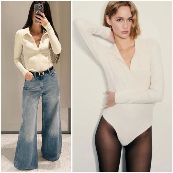 ZARA POLO COLLAR INTERLOCK BODYSUIT ECRU - Picture 1 of 4